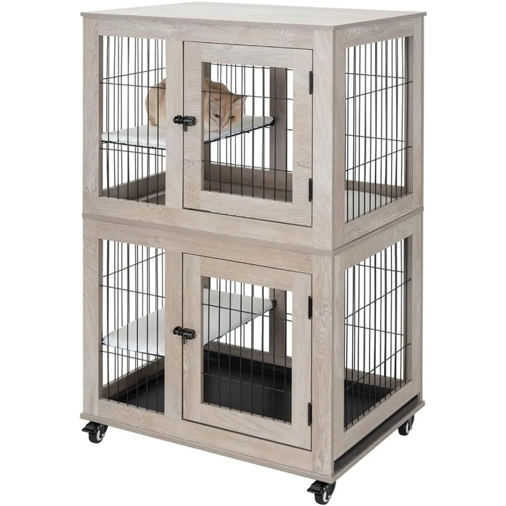 Wooden 2-Tier Cat Cage, Indoor Cats House with Removable Tray, Cats Enclosures Indoor Cat Kennel with Lockable Casters