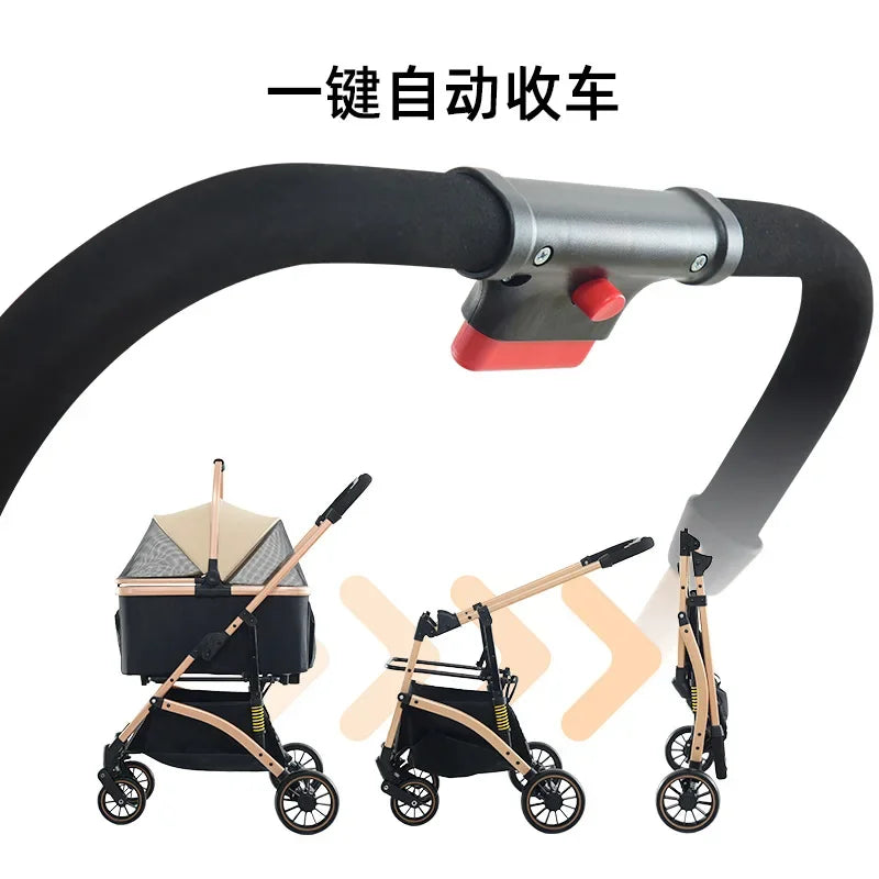 3 in 1 Foldable Pet Stroller for Small Medium Dogs Cats  No-Zip with Detachable Carrier, Push Button Luxury Pet Gear Stroller