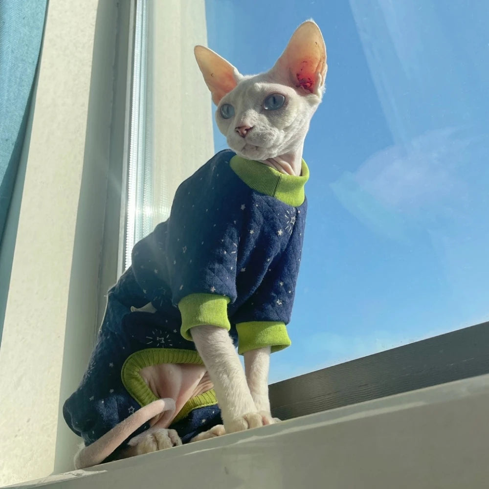 Sphynx Cat Clothes Blue Thick Cotton 4-legged Warm Loungewear for Kittens Small Dogs Winter Coat For Devon Rex Cat accessories