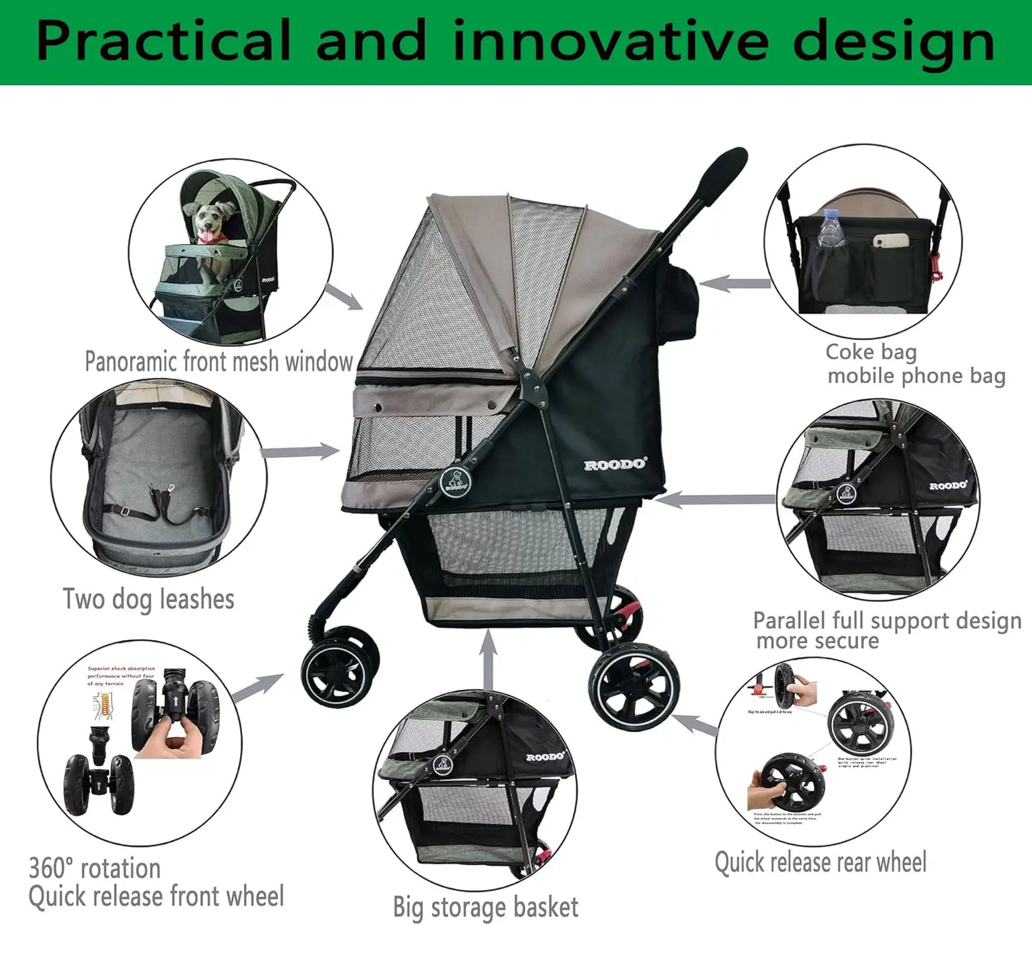 3Wheel Dog Stroller Cat Stroller Pet Stroller for Small Dogs and Cats,with Removable Liner Storage Basket and Cup Holder,Lightwe