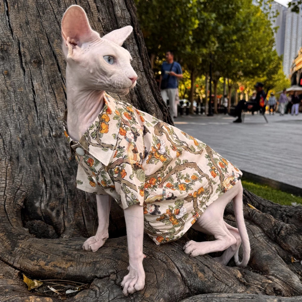 Plant Painting Shirt for Sphynx Cat Summer Soft Cotton Beige Blouse For Kittens Over Size Dog Coat for Devon Rex Cat Supplies