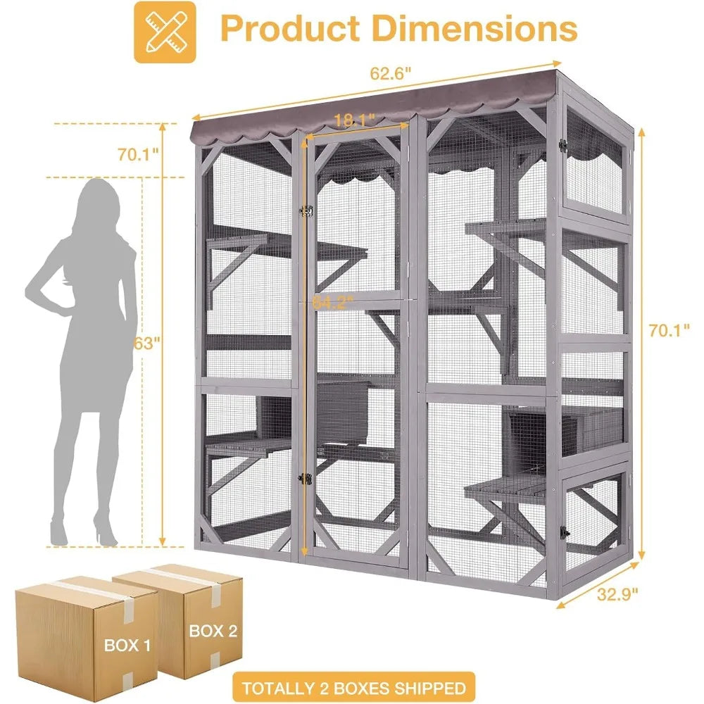 Wooden Catio Outdoor Cat Enclosure,Large Luxury Kitty-House with 7 Jumping Platforms & Weatherproof Asphalt Roof