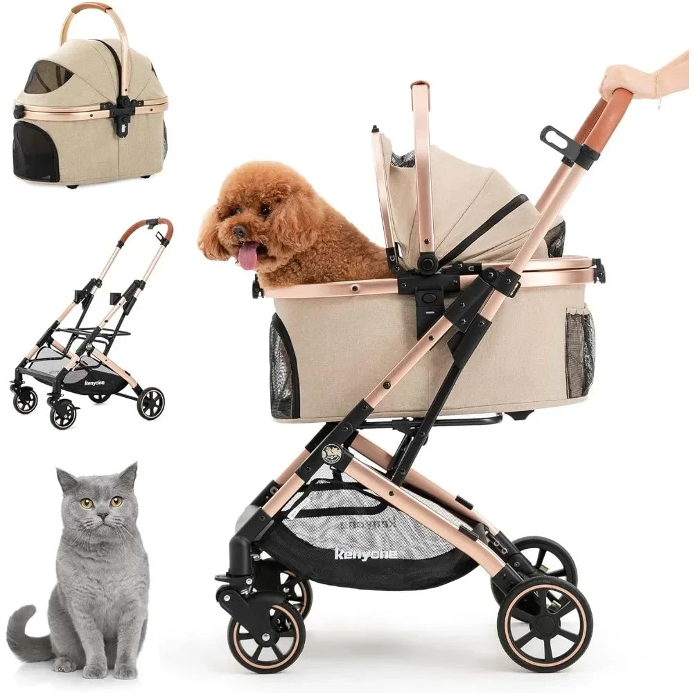 3 in 1 Foldable Pet Stroller for Small Medium Dogs Cats  No-Zip with Detachable Carrier, Push Button Luxury Pet Gear Stroller