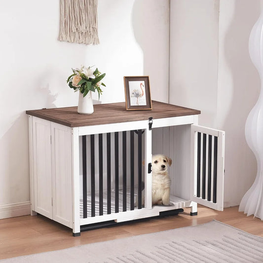 Wooden Dog Crate Furniture, Dog Kennel Pet House End Table, Solid Wood Portable Foldable Cage for Dogs No Assembly Needed Medium