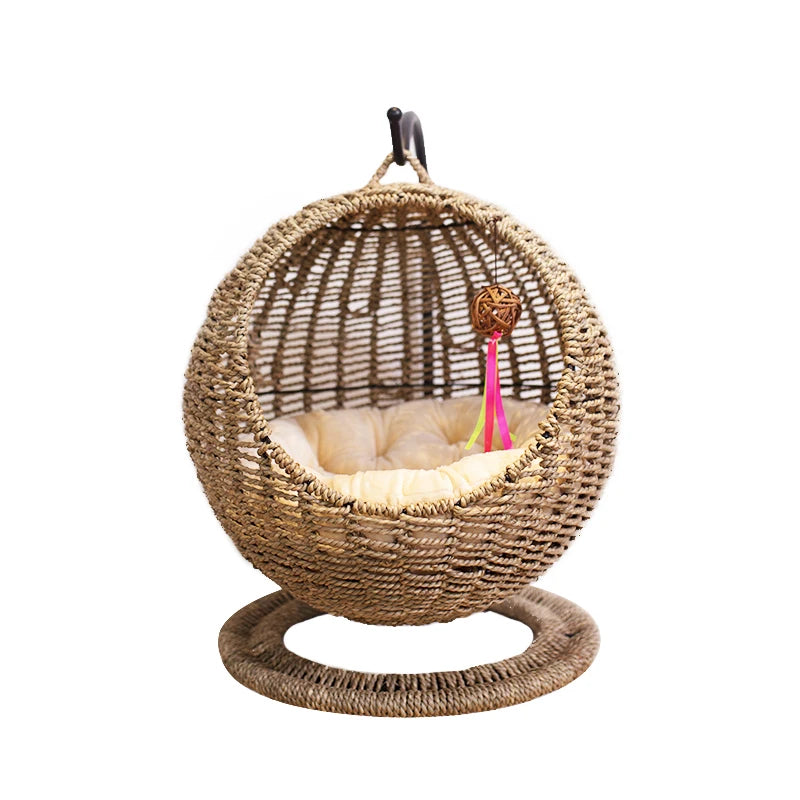 Rattan Cat Litter Mat Hanging Basket Hammock Semi-enclosed Removable Washable Cat Bed Pet Supplies Cat Beds Kitten Villa