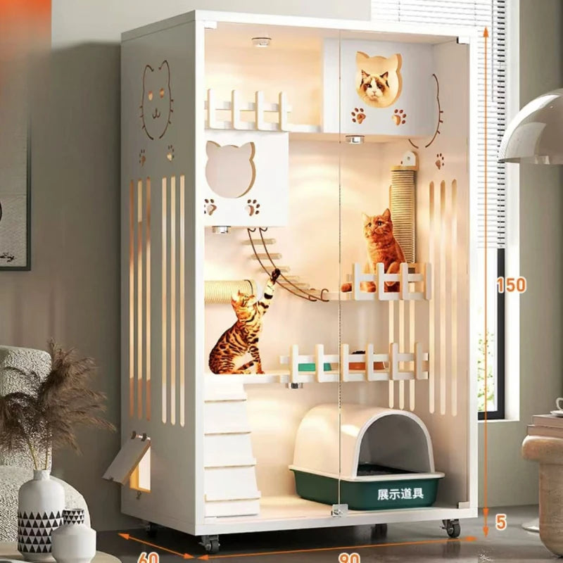 Solid Wood Large Cat Cage House Cattery Three-layer Home Breeding Cat Cabinet Indoor Wooden Luxury Cat Villa