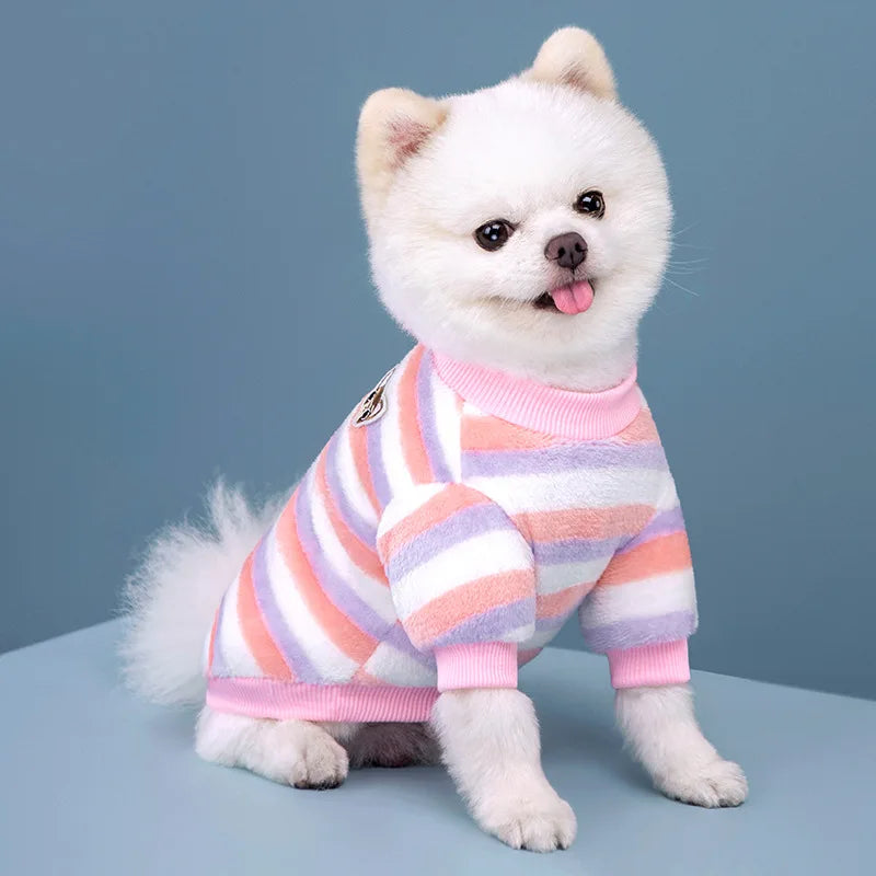 Plush Clothes Pet Sweaters, Cute Pet Clothes, Autumn and Winter Rainbow Stripes, Two Feet Warm, Teddy Cat, Dog Pet Supplies