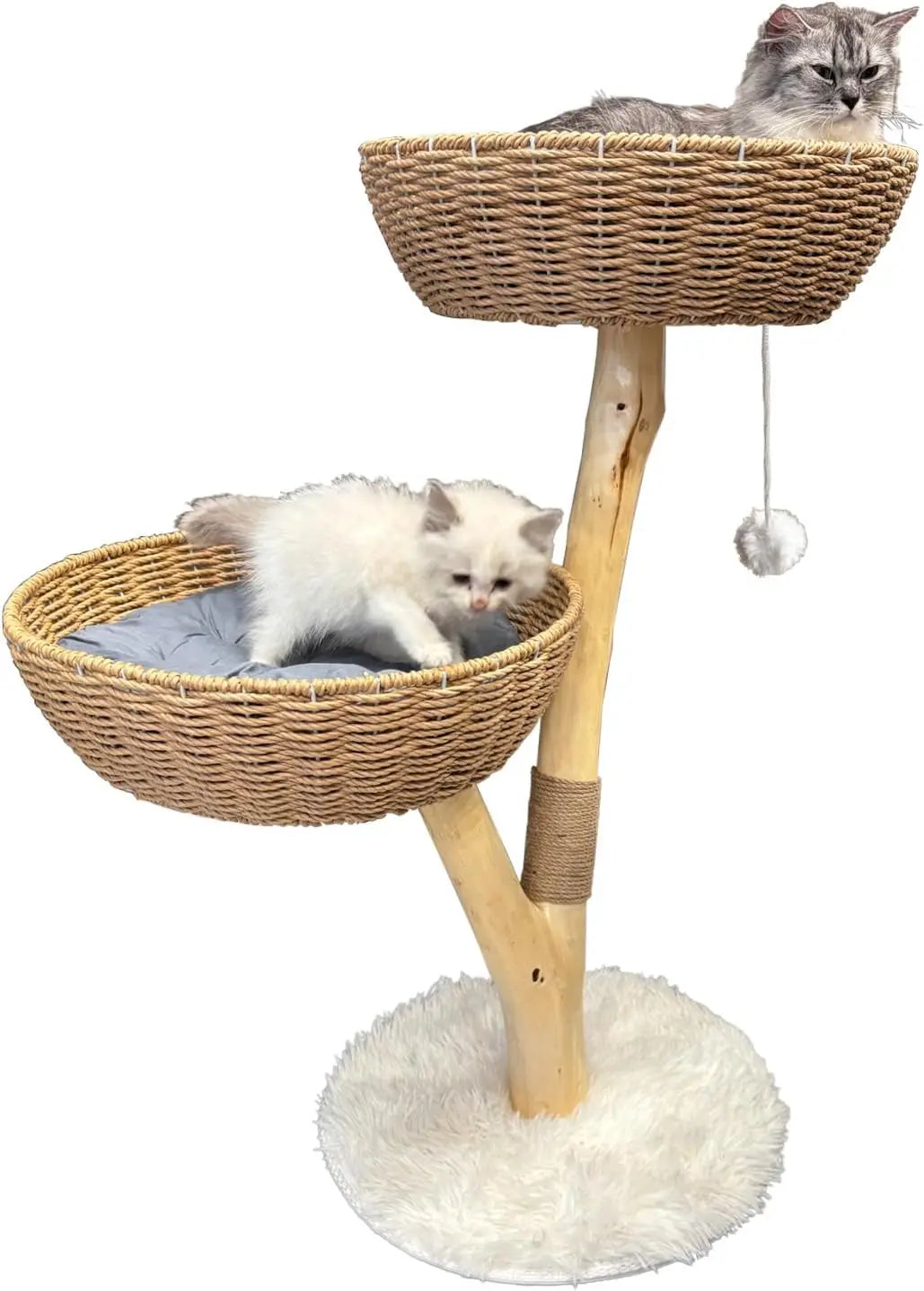 Wooden Cat Tower – Rattan Cat Tree with 2 Rattan Baskets, Scratching Post, and Washable Cushions – Aesthetic Cat Trees