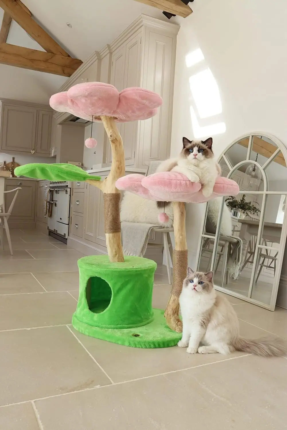 Wood Floral Cat Tree Wooden Tower Modern Cat House Furniture Gift Luxury Condo Flower Cat Tree Cherry Blossom