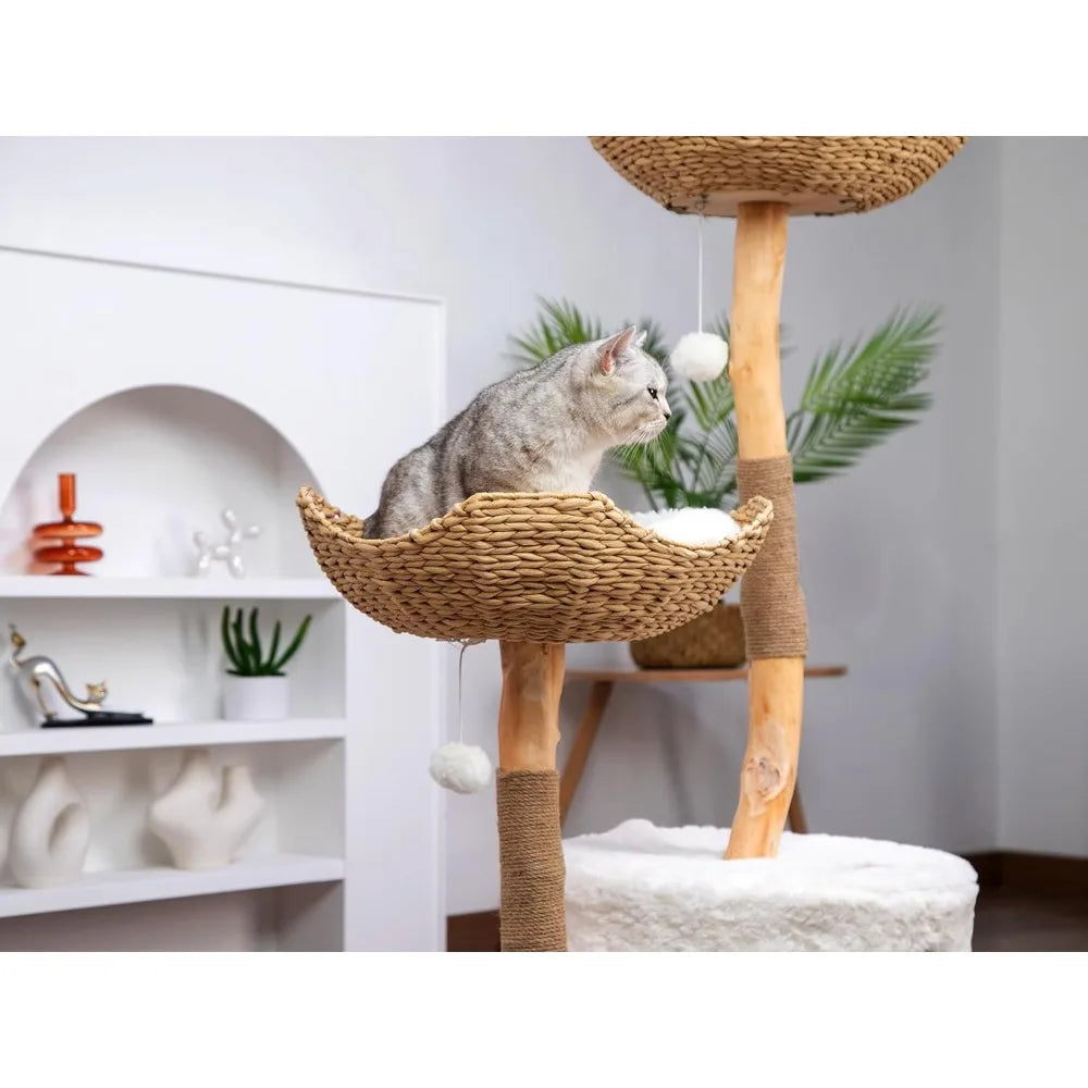 Wood Cat Tree for Indoor Cats,for Large Cats, Real Branch Unique, with Scratching Post Modern Cat Tower