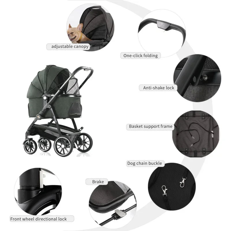 Pet Stroller 3 in 1 Dog Stroller Medium Small Size Dogs, Large Cat Stroller with Detachable Carrier Puppies, Doggies, Ki