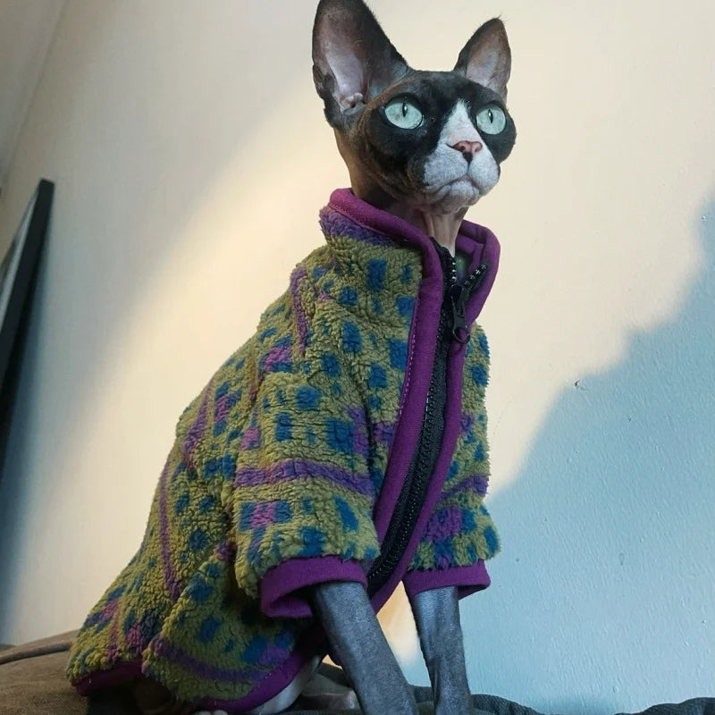 Sphyinx Cat Autumn and Winter Austrian Fleece Warm Green Jacket Zip-up Cardigan Cat Clothes Thick Purple Coat for Devon Rex