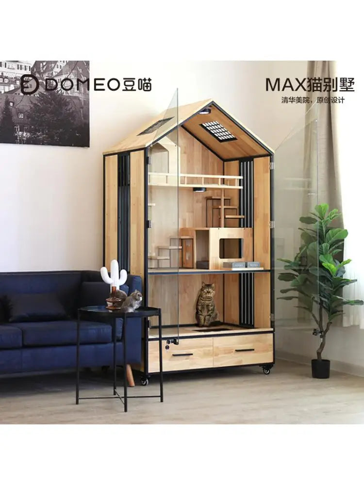 Solid Wood Cat Villa, Starry Cat House, Panoramic Transparent Cat House, Pet Cat Display Cabinet