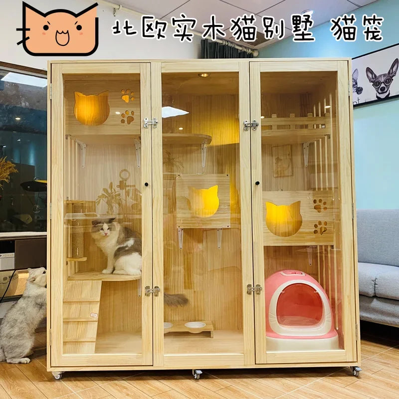 Solid Wood Cat Villa Cattery Luxury Nest Breeding Cage   Display Cabine  Hotel Cat Apartment Cat House