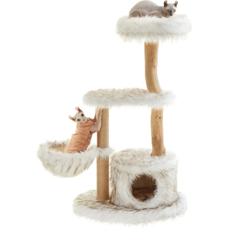 Wood Cat Tower for Large Cats up to 22 lb, 48.4-Inch Luxury Cat Condo with Scratching Post, Perch, Cave, Basket, White