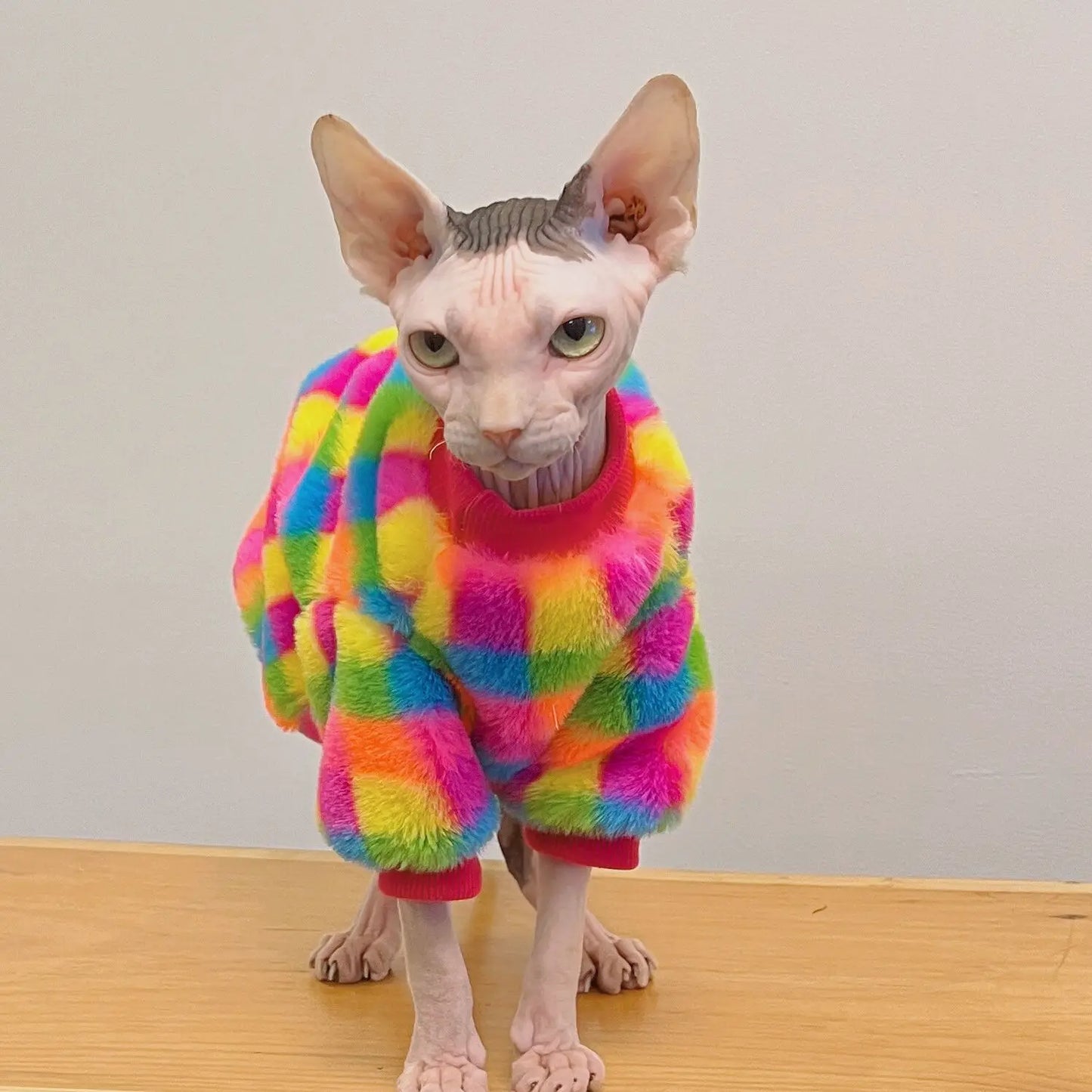 Rainbow Plaid Warm Sphynx Cat Sweater Hairless Cat Clothes Thickening Soft Double-side Cony Hair Coat for Devon Winter Outwear