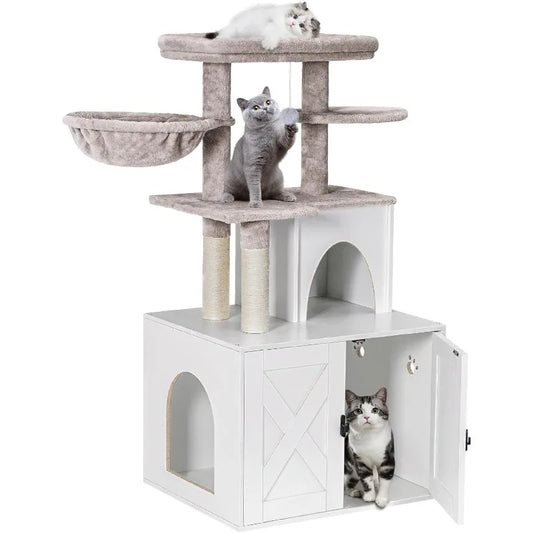 Snughome Cat Litter Box Enclosure with Cat Tree Tower and Condo, Hidden Cat Washroom Furniture