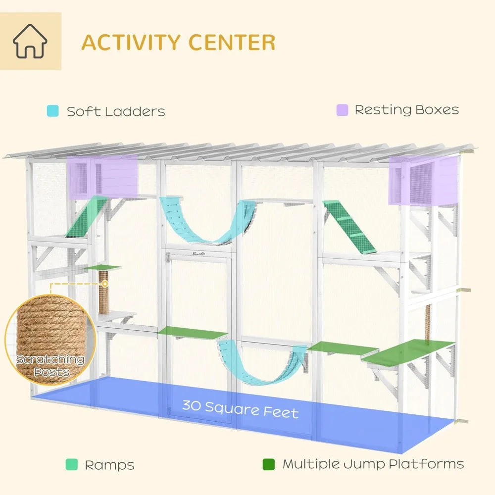 Playground Cat Window Box Outside Enclosure, Outdoor Cat House with Weather Protection Roof for Multiple Kitties,