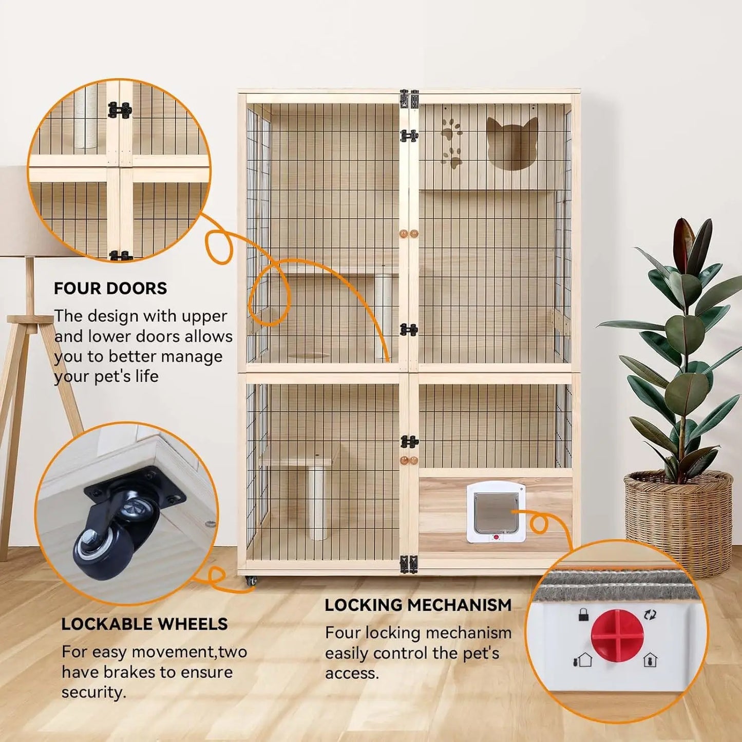 Wooden Cat House Large Space Cat Cage With Scratching Post And Lockable Wheels Double Layer Cat House With Escape Door