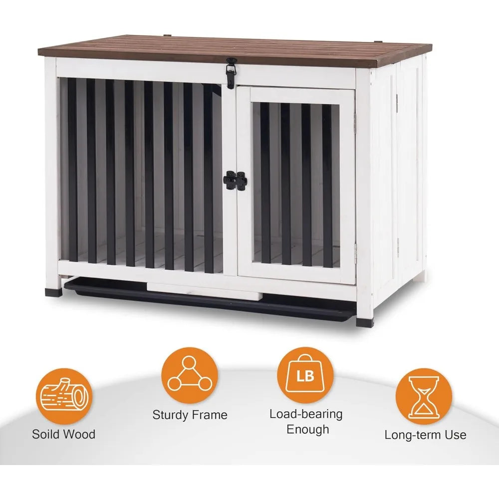 Wooden Dog Crate Furniture, Dog Kennel Pet House End Table, Solid Wood Portable Foldable Cage for Dogs No Assembly Needed Medium