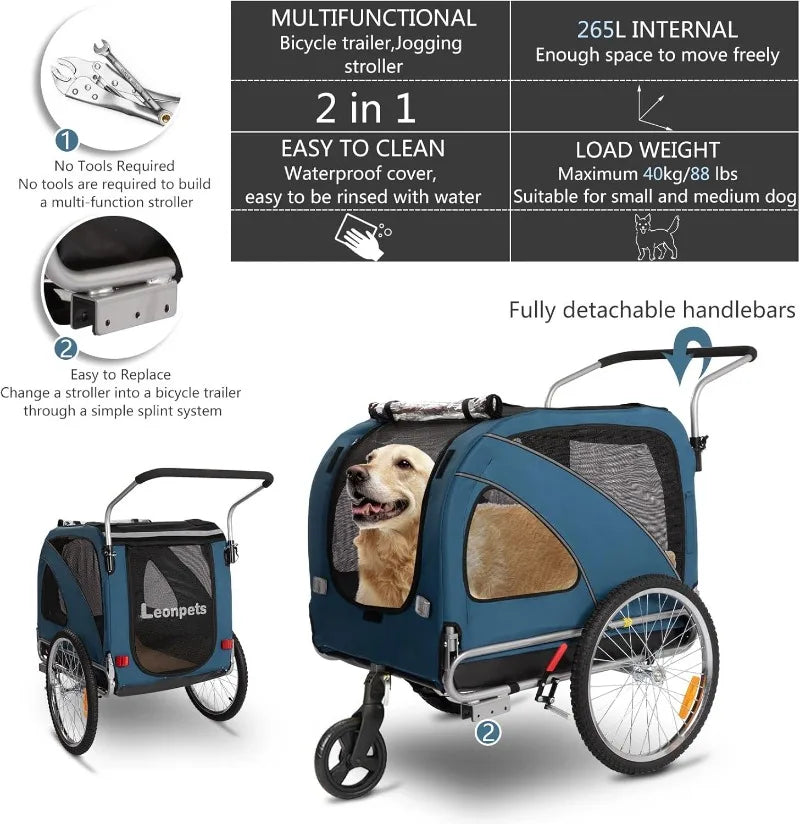 2 in1 Pet Bicycle Trailer with a 6" Stroller Wheel Suitable for Small and Medium Dogs Carrier Up to 88 LBS Easy Folding Cart