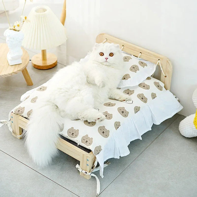 Solid Wood Pets Cats Bed Princess Beds Four Seasons Detachable Rabbit Dog Kitten Deeping Sleep Mat Pets Cat House Dog Sofa Bed