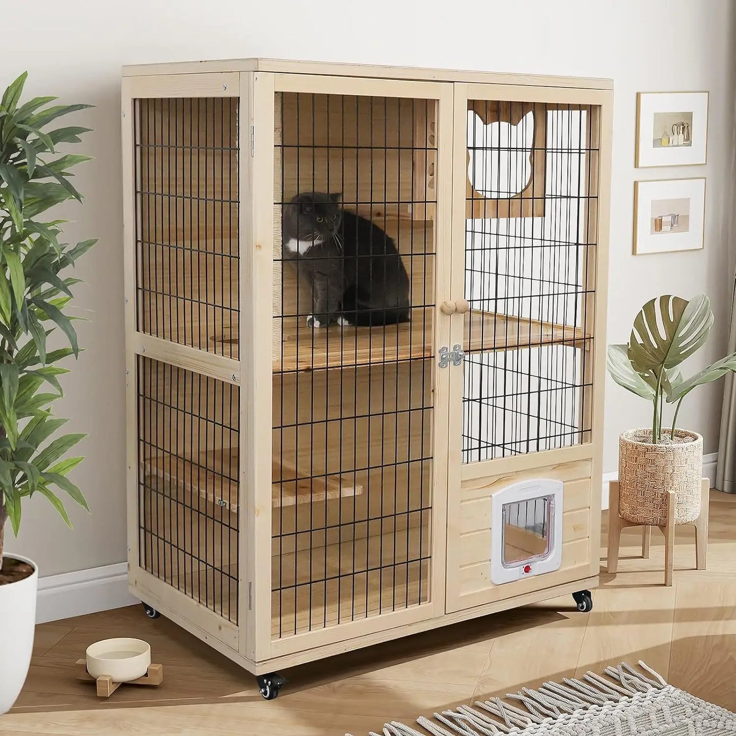 Wooden Cat House Large Space Cat Cage with Scratching Post and Lockable Wheels Double Layer Cat House