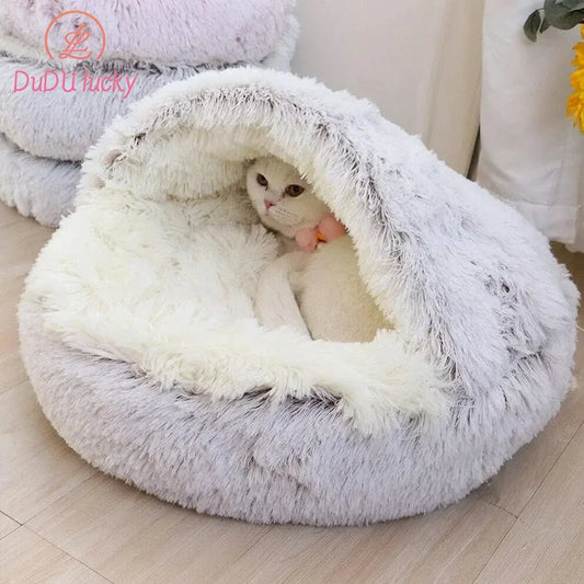 Soft Plush Pet Bed with Cover, Round Cat Mattress, Warm Sleeping Nest, Cave for Small Dogs, 2 in 1