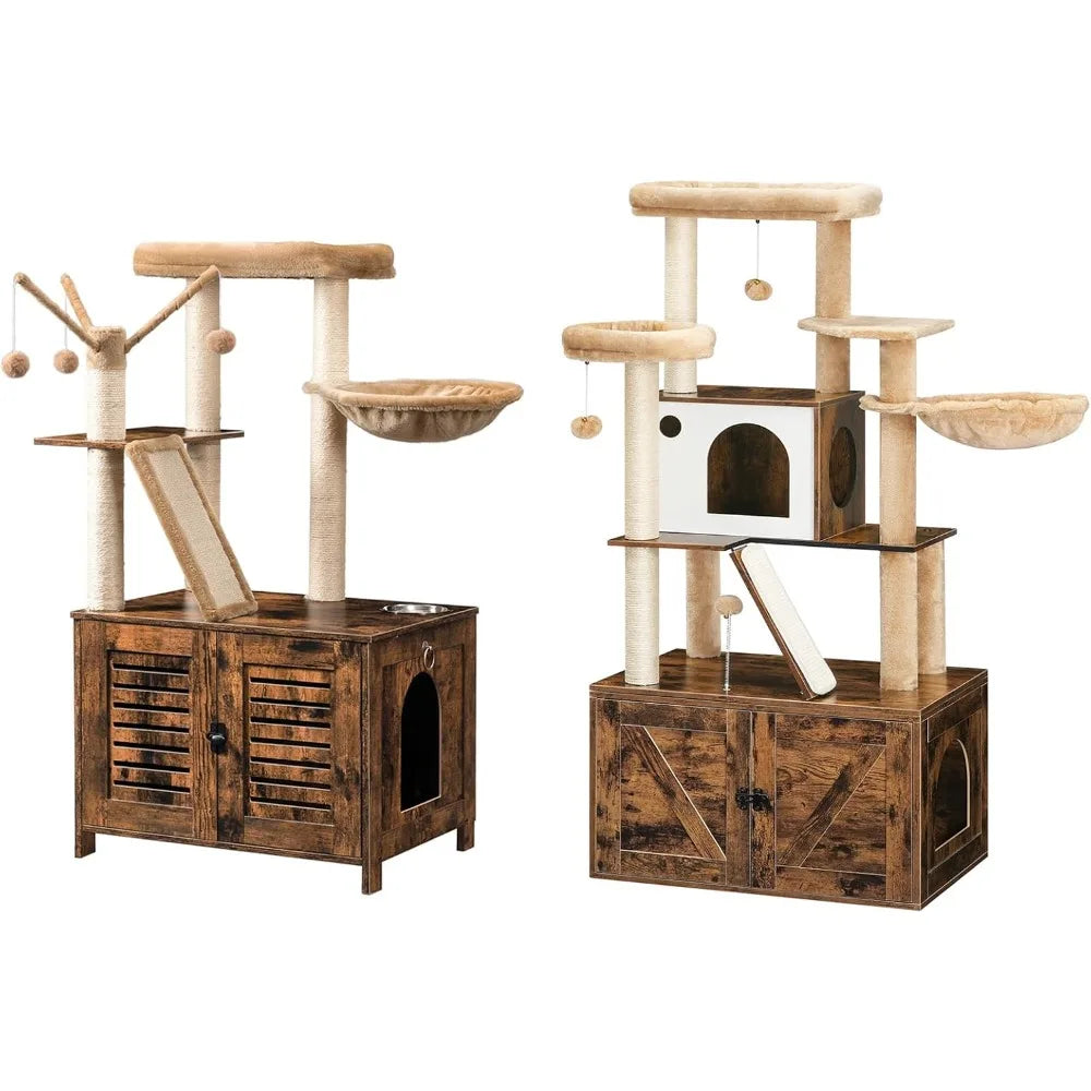 with Litter Box Enclosure, 2-in-1 Versatile Cat Tower, Cat Hammock, Hidden Litter Box Furniture, All-in-One Indoor Cat Condo