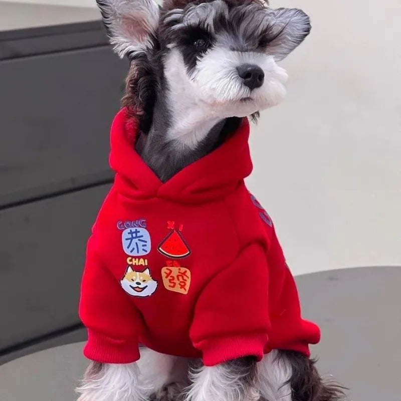 2025 Pet Dog Clothing Autumn Winter New Year Celebration Red Velvet Warm Hoodie Wholesale