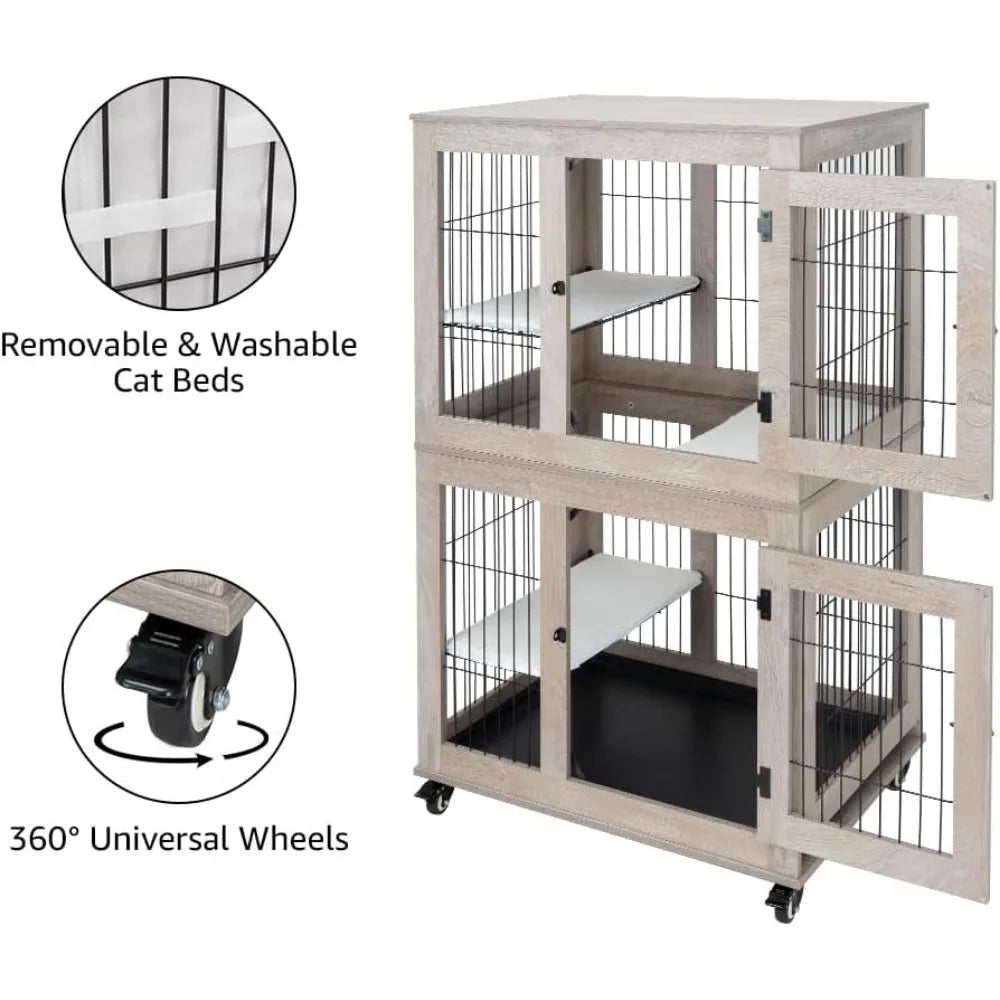 Wooden 2-Tier Cat Cage, Indoor Cats House with Removable Tray, Cats Enclosures Indoor Cat Kennel with Lockable Casters