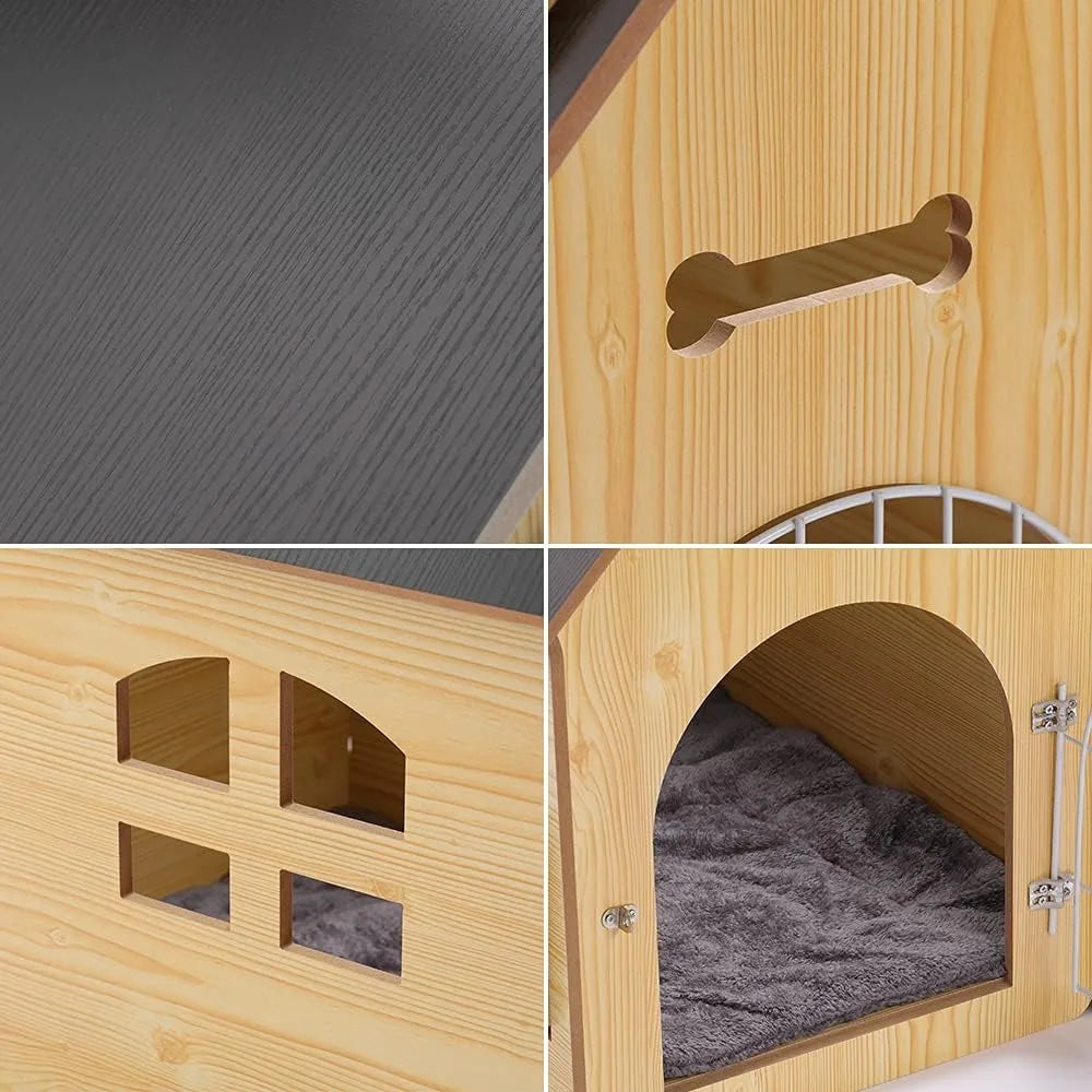 Wooden Pet House with Roof for Dogs Indoor and Outdoor Use, Easy Assemble Breathable Dog Crate for Small Medium Dog Cat, Dog