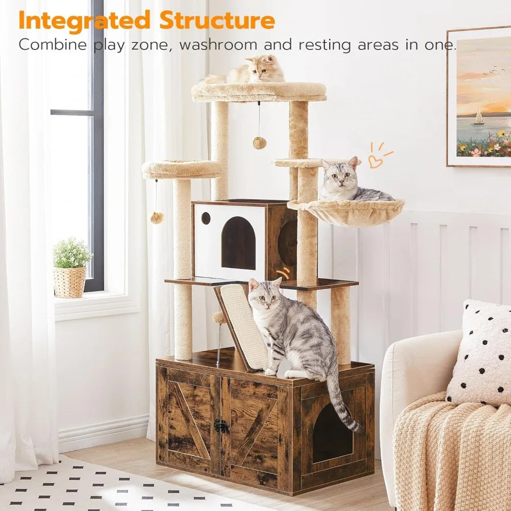 with Litter Box Enclosure, 2-in-1 Versatile Cat Tower, Cat Hammock, Hidden Litter Box Furniture, All-in-One Indoor Cat Condo