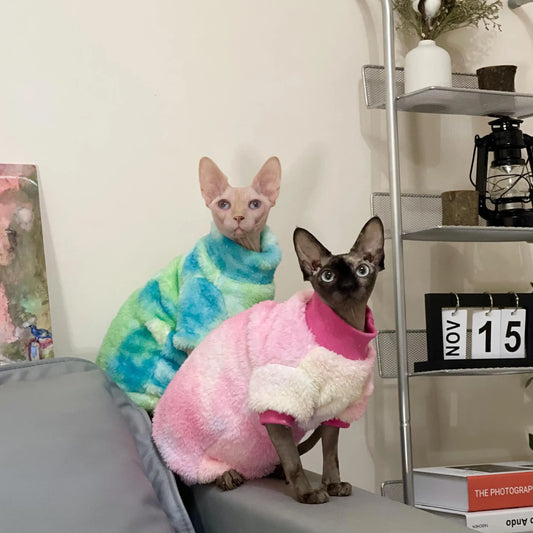 Rainbow Warm Sphynx Cat Turtleneck Sweater Hairless Cat Clothes Soft Winter Coat Thickening Sweet Fleece Jumpsuit for Kittens