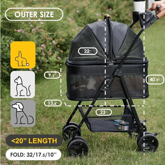 3 in 1 Folding Dog Stroller Pet Folding Stroller 4 Wheels Dog/Cat Puppy Stroller w/Removable Travel Carrier for Small Pet