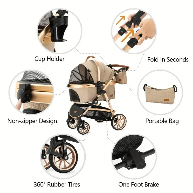 Pet Stroller 3 in 1 for Medium Small Size Dogs Luxury Large Cat Stroller Detachable Carrier for Puppy Kitty Doggie