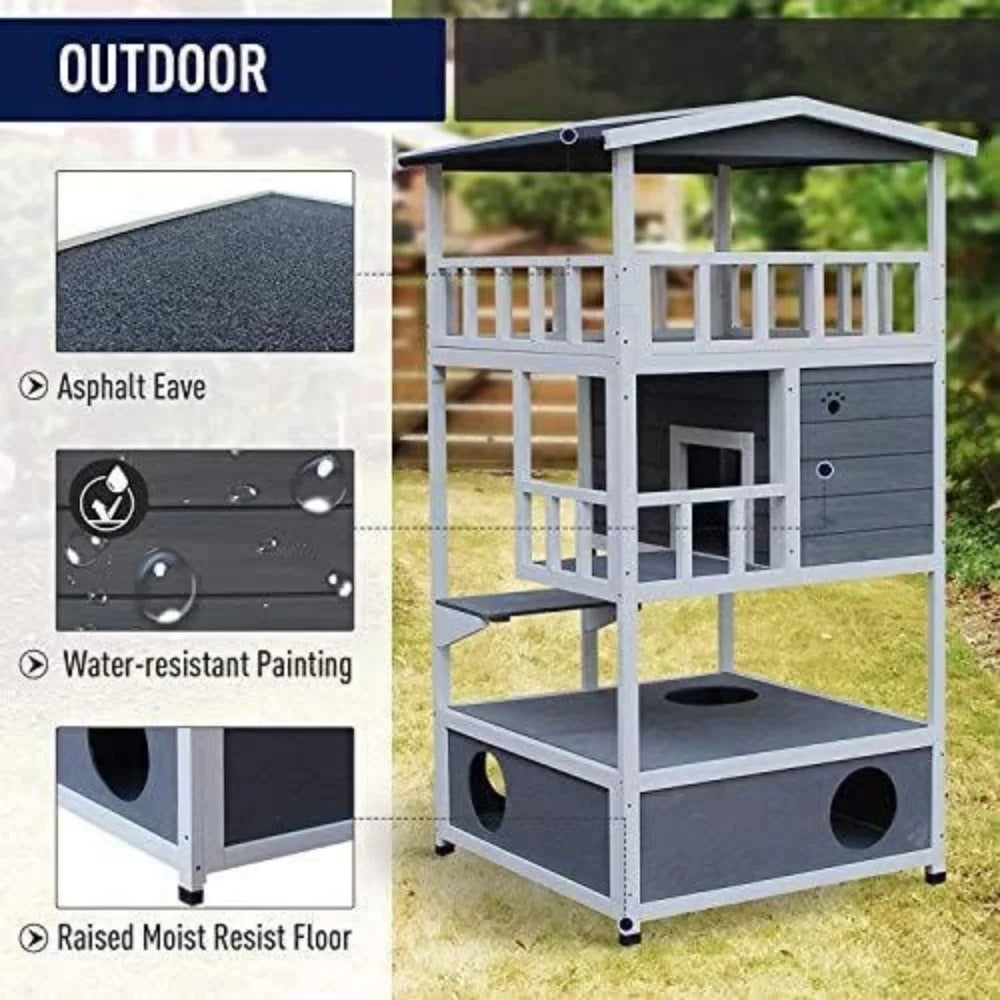 Wooden Outdoor Cat House, Kitten Tree, Indoor Play with Asphalt Roof, Escape Door, Condo, Jumping Platform, Kitten Condo Cage