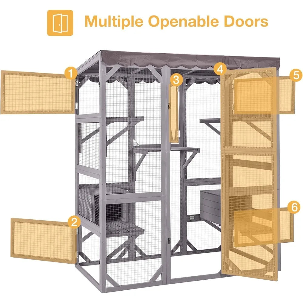 Wooden Catio Outdoor Cat Enclosure,Large Luxury Kitty-House with 7 Jumping Platforms & Weatherproof Asphalt Roof