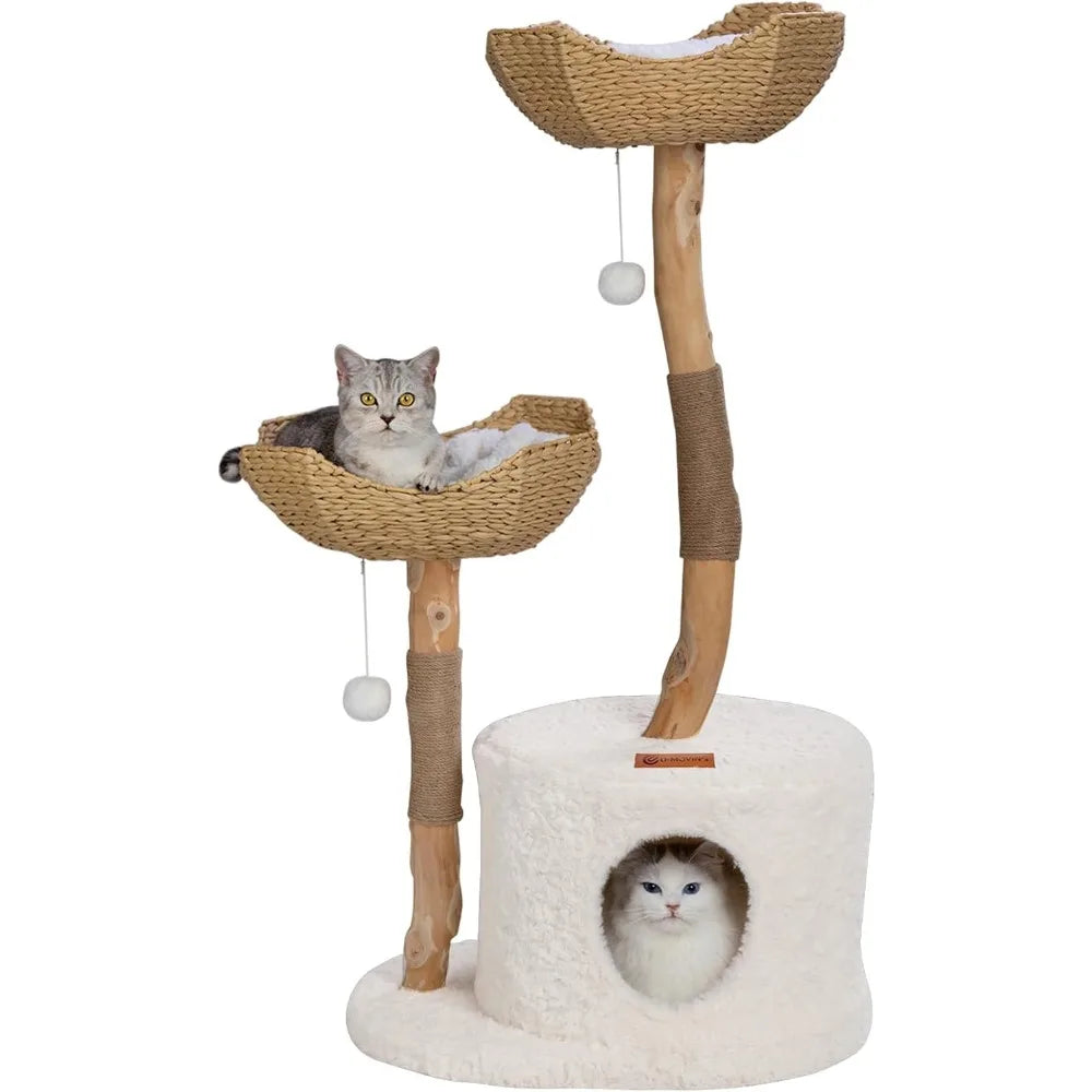 Wood Cat Tree for Indoor Cats,for Large Cats, Real Branch Unique, with Scratching Post Modern Cat Tower