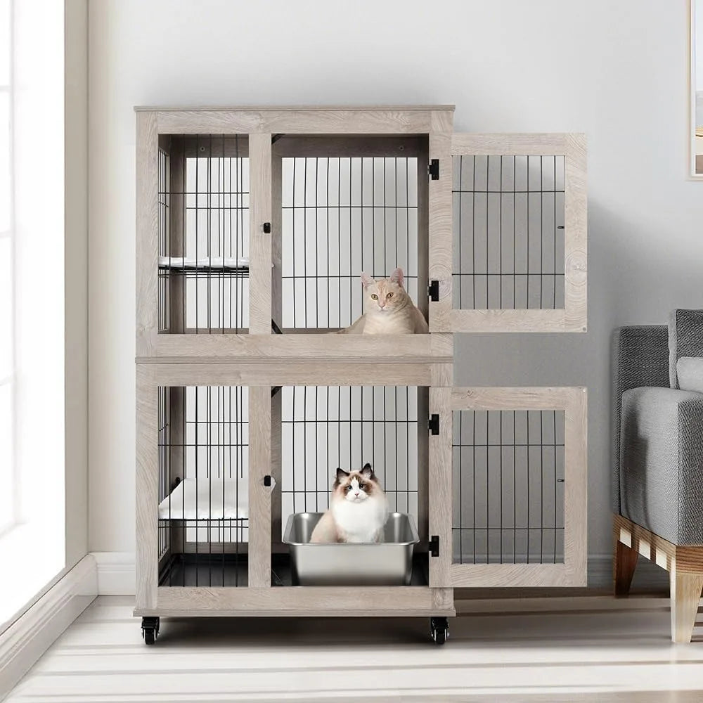 Wooden 2-Tier Cat Cage, Indoor Cats House with Removable Tray, Cats Enclosures Indoor Cat Kennel with Lockable Casters