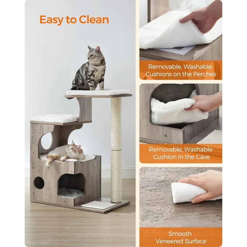 WoodyWonders Cat Tree, 33.8-Inch Modern Cat Tower, Cat Condo with 3 Perches, Scratching Post and Mat, Cave, 4 Removable Washable