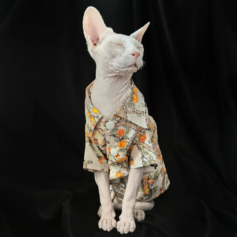 Plant Painting Shirt for Sphynx Cat Summer Soft Cotton Beige Blouse For Kittens Over Size Dog Coat for Devon Rex Cat Supplies