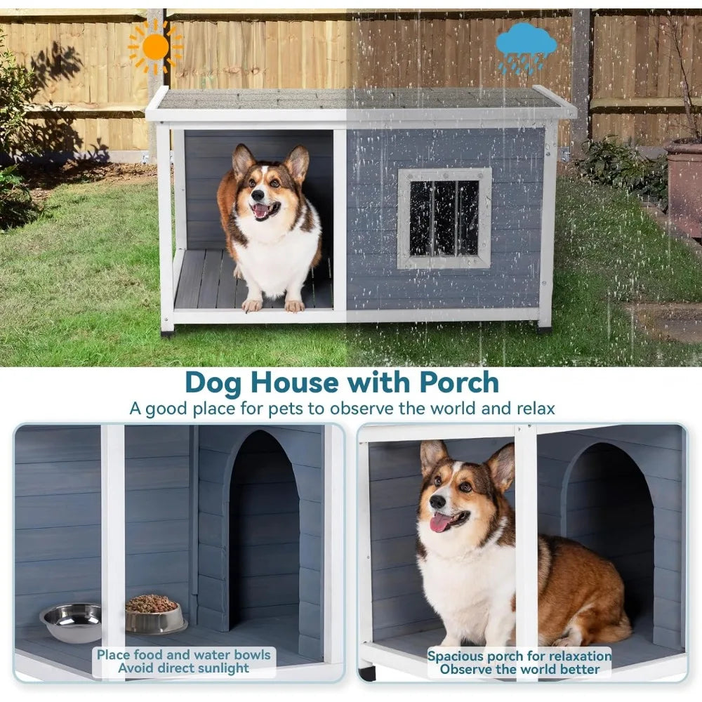 Petsfit 45.5” Dog House Outdoor, Dog House with Porch and Window, Outdoor Dog House Weatherproof for Medium Small Dogs, Durable