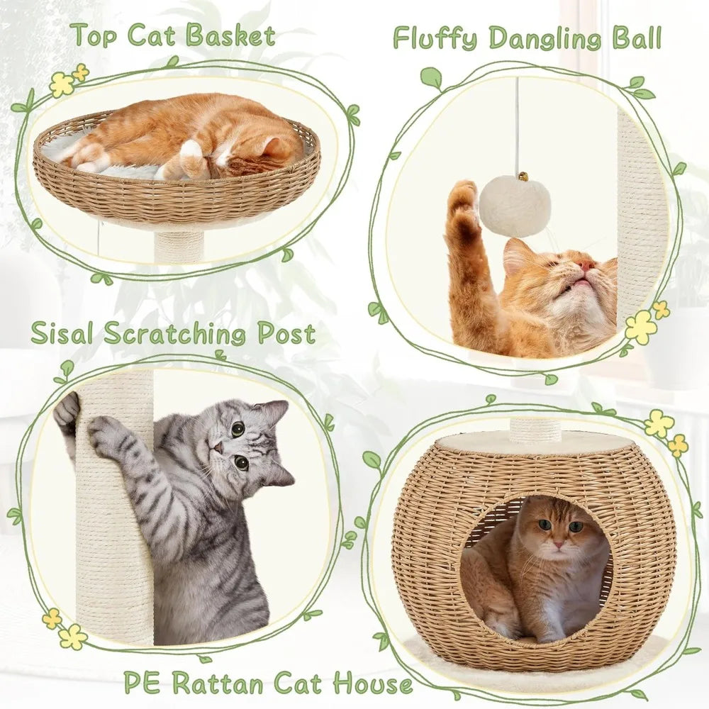 29.5in Rattan Cat Climbing Tower for Indoor Cats w/Scratching Post, Woven Rattan Cat Condo and Soft Cushion Top Perch