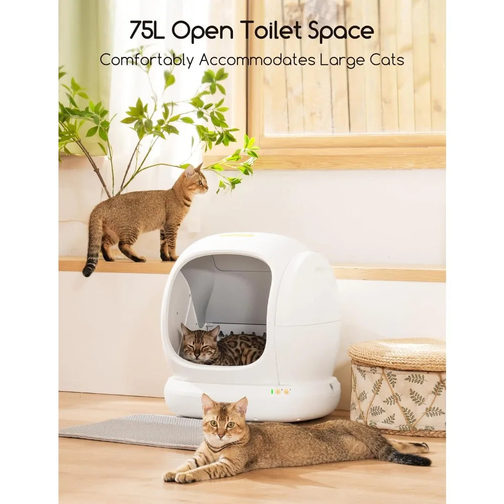 Self-Cleaning Cat Litter Box, 75L Extra Large Open Automatic Cat Litter Box for Multi Cats, Integrated Safety Protection