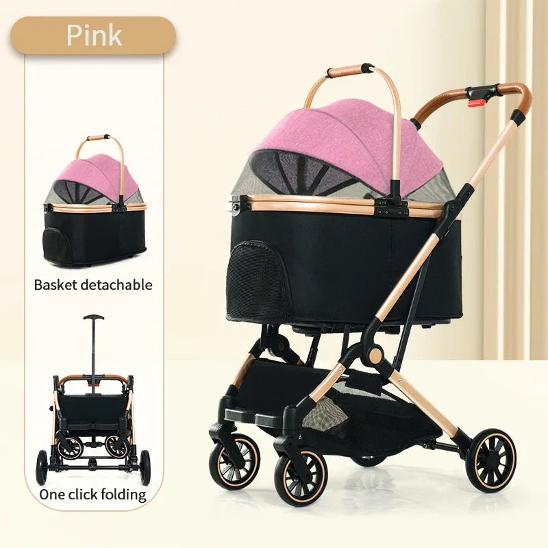 Pet Stroller,4 In 1 Pet Stroller, Folding Light Weight Cat &Dog Stroller With Detachable Carrier, 180° Reversible Canopy