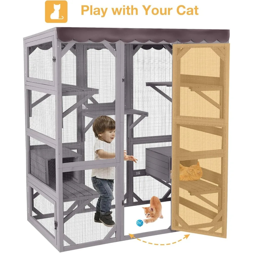 Wooden Catio Outdoor Cat Enclosure,Large Luxury Kitty-House with 7 Jumping Platforms & Weatherproof Asphalt Roof