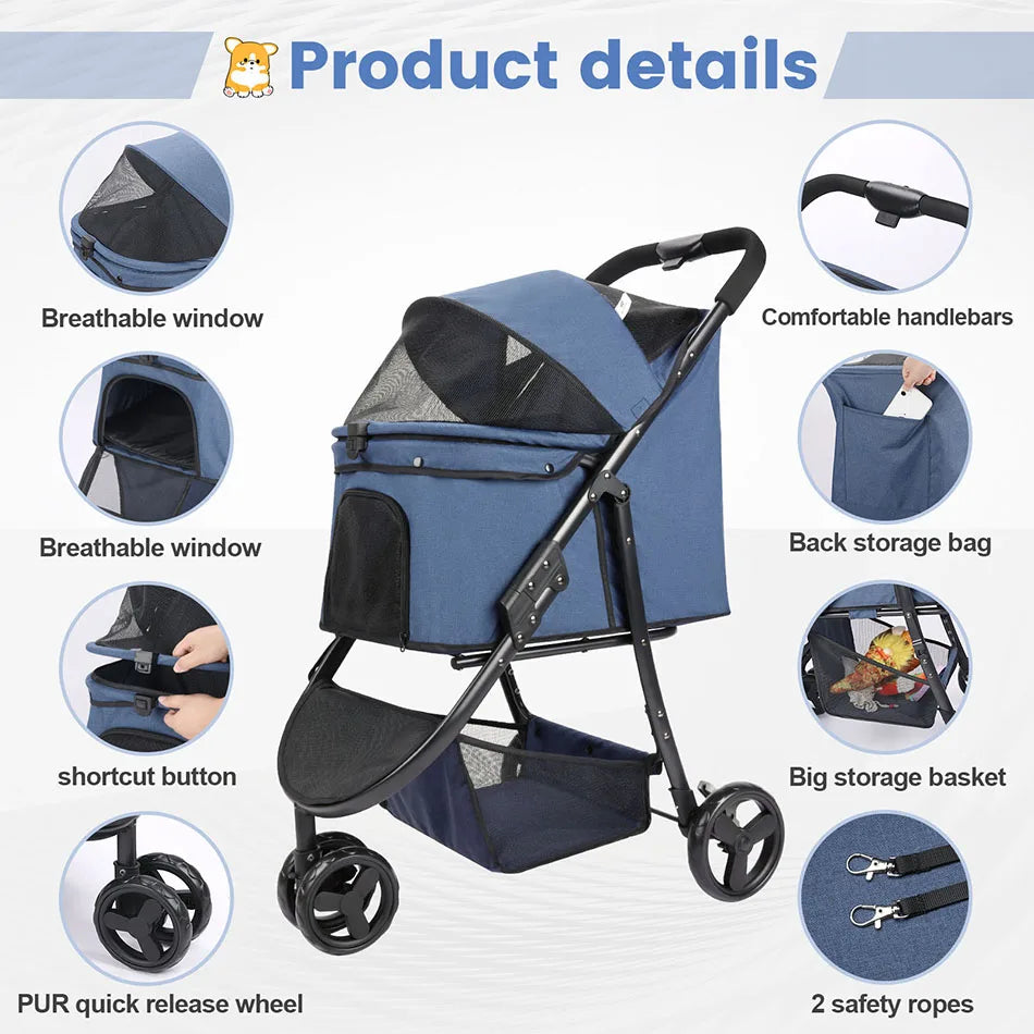 Pet Stroller Bag Travel Car Foldable 300lbs Foldable Collapsible Stroller for Dogs Cat ,3 Wheels Dog Puppy Stroller,Trolley