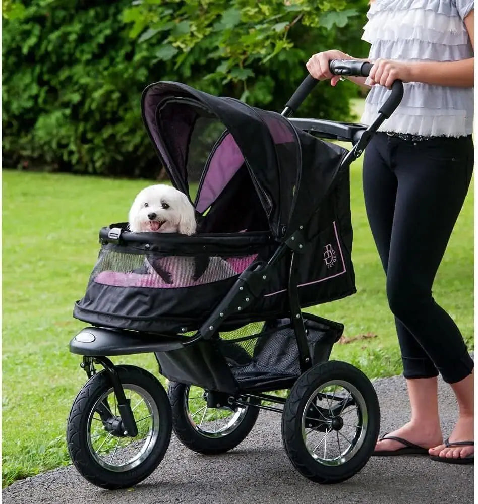 Pet Stroller for Cats/Dogs, Easy One-Hand Fold, Gel-Filled Tires, Plush Pad + Weather Cover