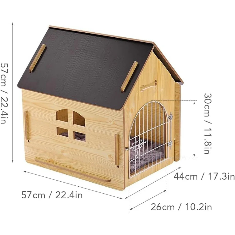 Wooden Pet House with Roof for Dogs Indoor and Outdoor Use, Easy Assemble Breathable Dog Crate for Small Medium Dog Cat, Dog